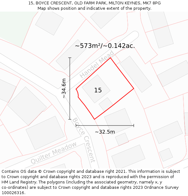 15, BOYCE CRESCENT, OLD FARM PARK, MILTON KEYNES, MK7 8PG: Plot and title map