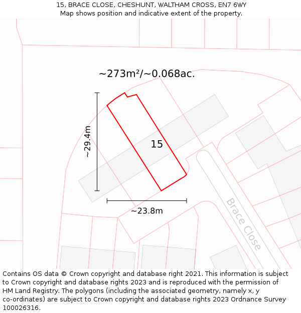 15, BRACE CLOSE, CHESHUNT, WALTHAM CROSS, EN7 6WY: Plot and title map