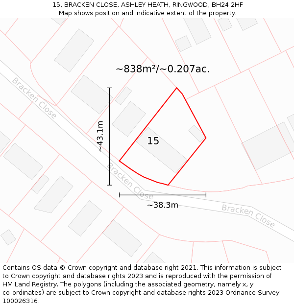 15, BRACKEN CLOSE, ASHLEY HEATH, RINGWOOD, BH24 2HF: Plot and title map