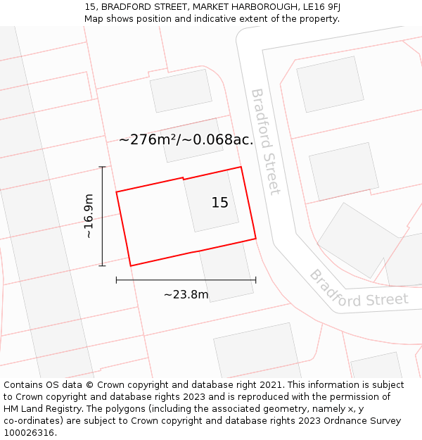 15, BRADFORD STREET, MARKET HARBOROUGH, LE16 9FJ: Plot and title map
