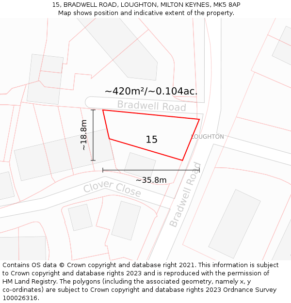 15, BRADWELL ROAD, LOUGHTON, MILTON KEYNES, MK5 8AP: Plot and title map