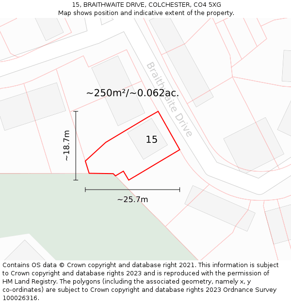 15, BRAITHWAITE DRIVE, COLCHESTER, CO4 5XG: Plot and title map