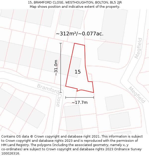 15, BRAMFORD CLOSE, WESTHOUGHTON, BOLTON, BL5 2JR: Plot and title map