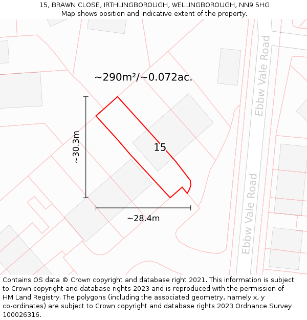 15, BRAWN CLOSE, IRTHLINGBOROUGH, WELLINGBOROUGH, NN9 5HG: Plot and title map