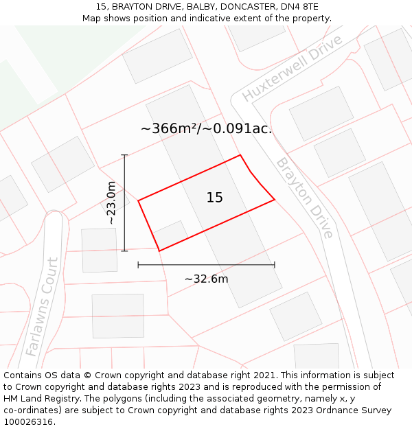 15, BRAYTON DRIVE, BALBY, DONCASTER, DN4 8TE: Plot and title map