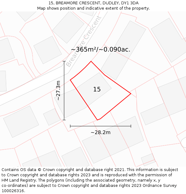 15, BREAMORE CRESCENT, DUDLEY, DY1 3DA: Plot and title map