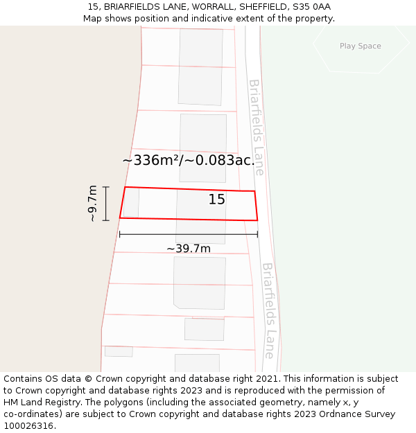 15, BRIARFIELDS LANE, WORRALL, SHEFFIELD, S35 0AA: Plot and title map