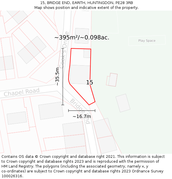 15, BRIDGE END, EARITH, HUNTINGDON, PE28 3RB: Plot and title map