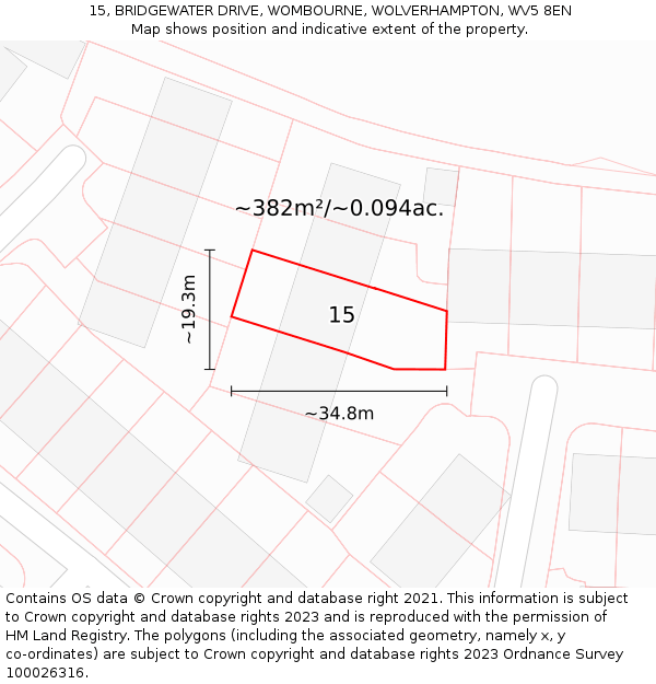 15, BRIDGEWATER DRIVE, WOMBOURNE, WOLVERHAMPTON, WV5 8EN: Plot and title map