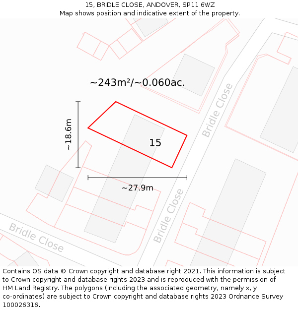 15, BRIDLE CLOSE, ANDOVER, SP11 6WZ: Plot and title map