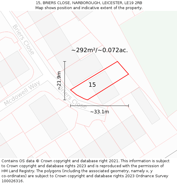 15, BRIERS CLOSE, NARBOROUGH, LEICESTER, LE19 2RB: Plot and title map