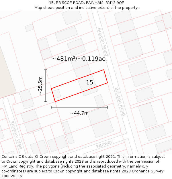 15, BRISCOE ROAD, RAINHAM, RM13 9QE: Plot and title map