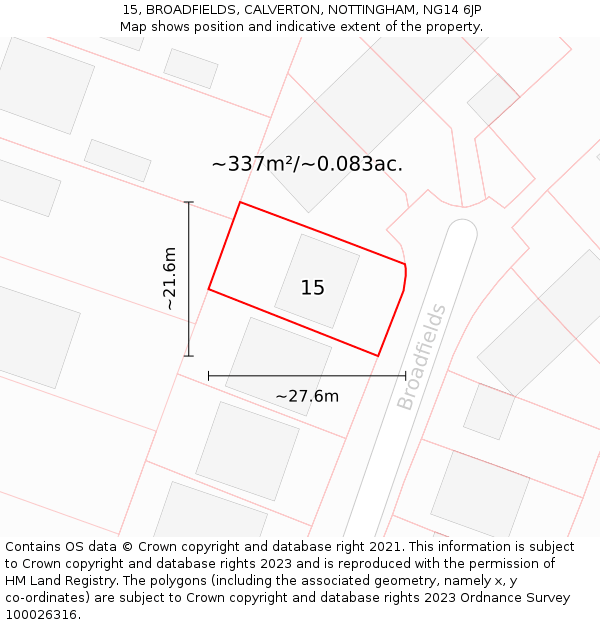 15, BROADFIELDS, CALVERTON, NOTTINGHAM, NG14 6JP: Plot and title map