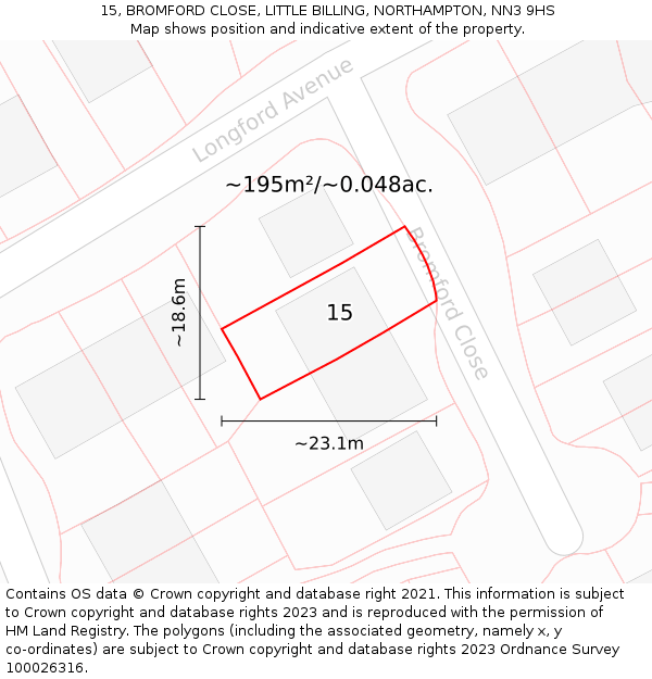 15, BROMFORD CLOSE, LITTLE BILLING, NORTHAMPTON, NN3 9HS: Plot and title map