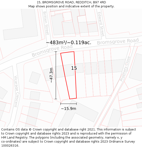 15, BROMSGROVE ROAD, REDDITCH, B97 4RD: Plot and title map