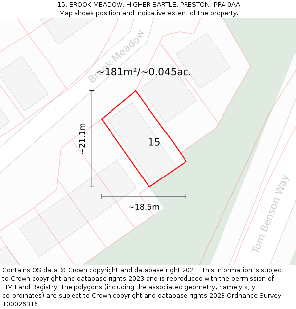 15, BROOK MEADOW, HIGHER BARTLE, PRESTON, PR4 0AA: Plot and title map