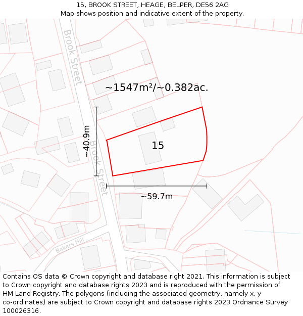 15, BROOK STREET, HEAGE, BELPER, DE56 2AG: Plot and title map