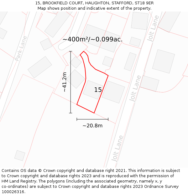 15, BROOKFIELD COURT, HAUGHTON, STAFFORD, ST18 9ER: Plot and title map