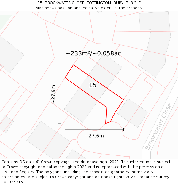 15, BROOKWATER CLOSE, TOTTINGTON, BURY, BL8 3LD: Plot and title map