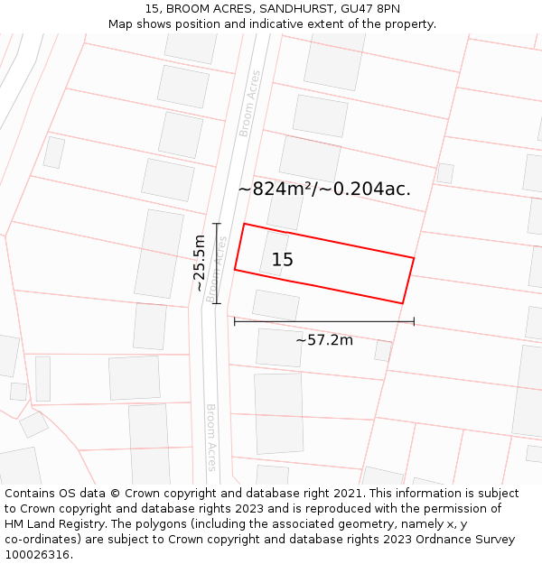 15, BROOM ACRES, SANDHURST, GU47 8PN: Plot and title map