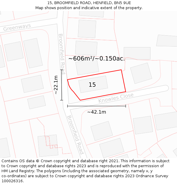 15, BROOMFIELD ROAD, HENFIELD, BN5 9UE: Plot and title map