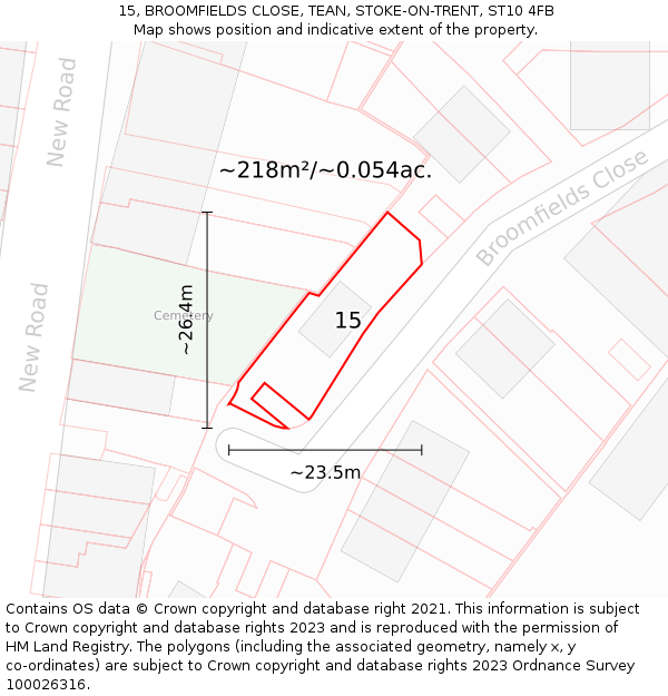 15, BROOMFIELDS CLOSE, TEAN, STOKE-ON-TRENT, ST10 4FB: Plot and title map