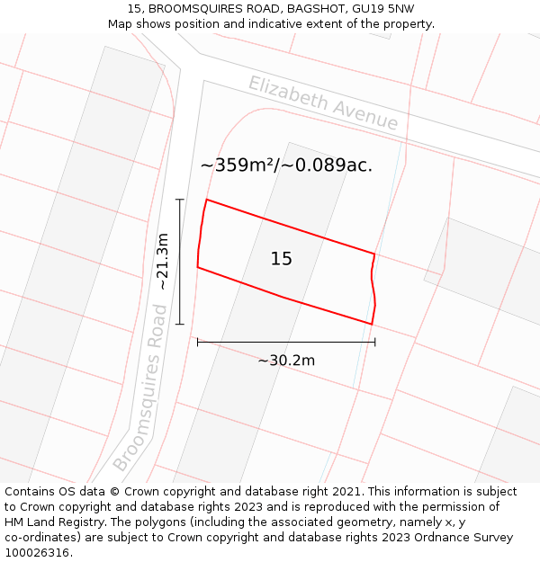 15, BROOMSQUIRES ROAD, BAGSHOT, GU19 5NW: Plot and title map