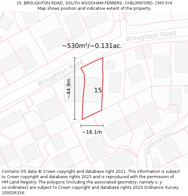 15, BROUGHTON ROAD, SOUTH WOODHAM FERRERS, CHELMSFORD, CM3 5YX: Plot and title map