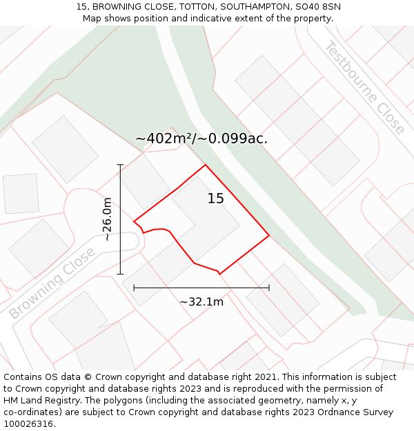 15, BROWNING CLOSE, TOTTON, SOUTHAMPTON, SO40 8SN: Plot and title map