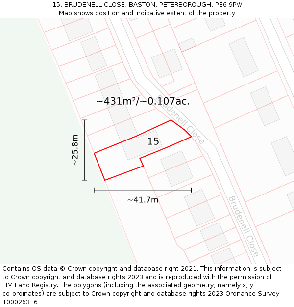 15, BRUDENELL CLOSE, BASTON, PETERBOROUGH, PE6 9PW: Plot and title map
