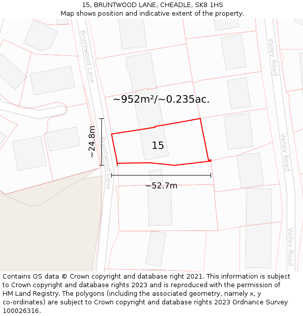 15, BRUNTWOOD LANE, CHEADLE, SK8 1HS: Plot and title map