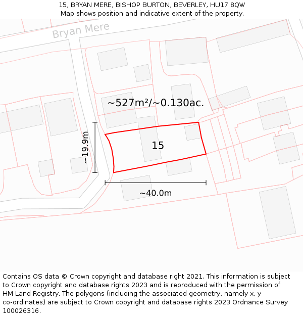 15, BRYAN MERE, BISHOP BURTON, BEVERLEY, HU17 8QW: Plot and title map