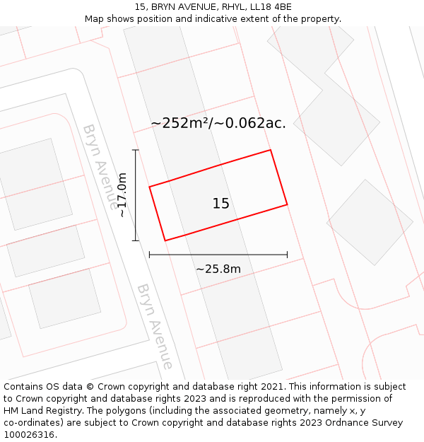 15, BRYN AVENUE, RHYL, LL18 4BE: Plot and title map