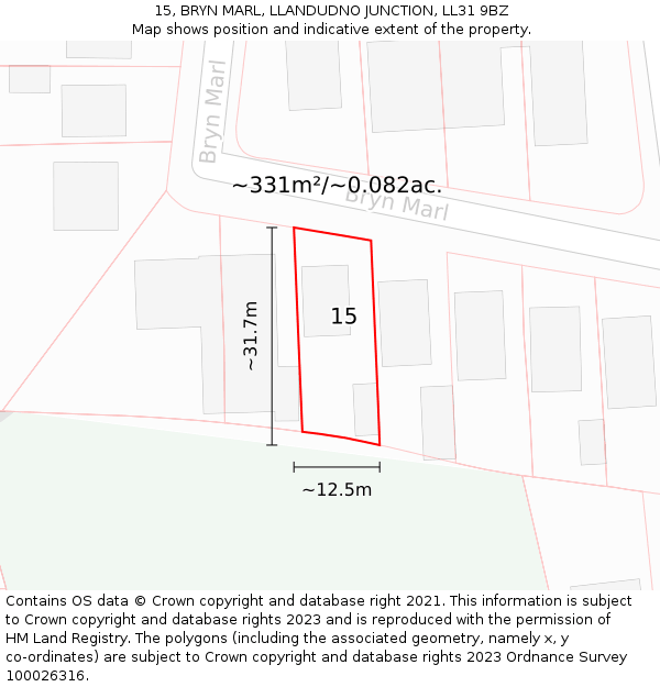 15, BRYN MARL, LLANDUDNO JUNCTION, LL31 9BZ: Plot and title map