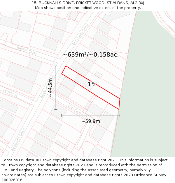 15, BUCKNALLS DRIVE, BRICKET WOOD, ST ALBANS, AL2 3XJ: Plot and title map