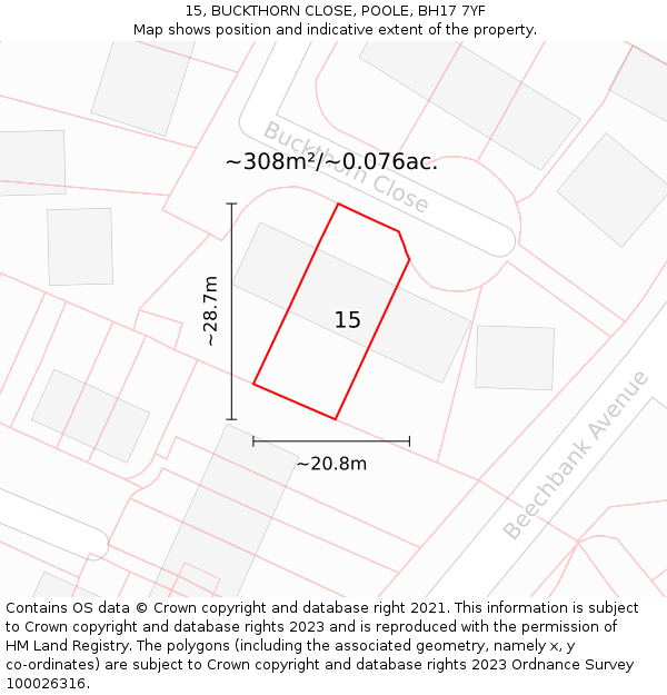 15, BUCKTHORN CLOSE, POOLE, BH17 7YF: Plot and title map