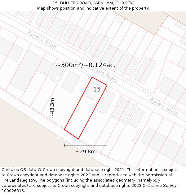 15, BULLERS ROAD, FARNHAM, GU9 9EW: Plot and title map