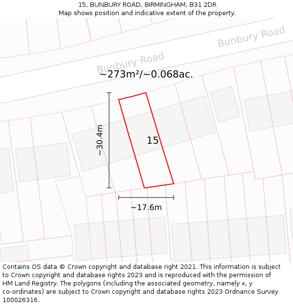 15, BUNBURY ROAD, BIRMINGHAM, B31 2DR: Plot and title map