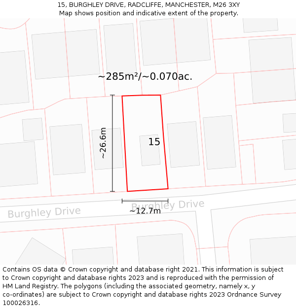 15, BURGHLEY DRIVE, RADCLIFFE, MANCHESTER, M26 3XY: Plot and title map