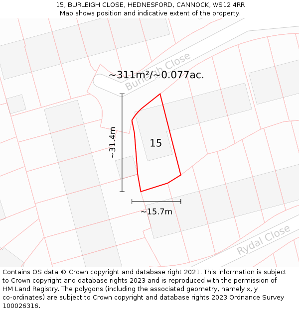 15, BURLEIGH CLOSE, HEDNESFORD, CANNOCK, WS12 4RR: Plot and title map