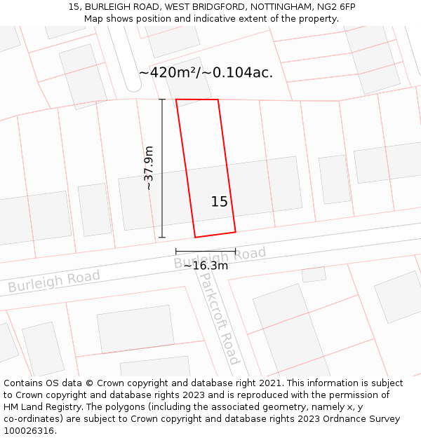 15, BURLEIGH ROAD, WEST BRIDGFORD, NOTTINGHAM, NG2 6FP: Plot and title map