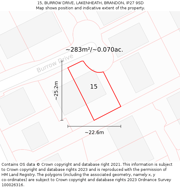 15, BURROW DRIVE, LAKENHEATH, BRANDON, IP27 9SD: Plot and title map