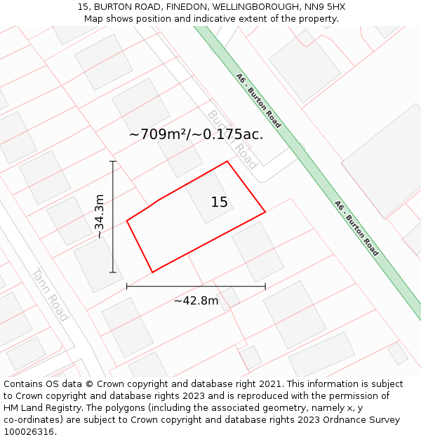 15, BURTON ROAD, FINEDON, WELLINGBOROUGH, NN9 5HX: Plot and title map