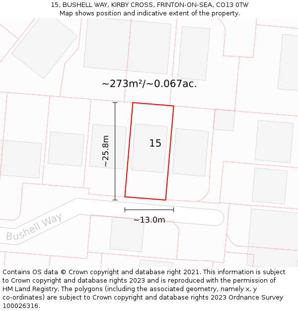 15, BUSHELL WAY, KIRBY CROSS, FRINTON-ON-SEA, CO13 0TW: Plot and title map