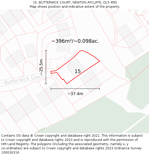 15, BUTTERWICK COURT, NEWTON AYCLIFFE, DL5 4RD: Plot and title map