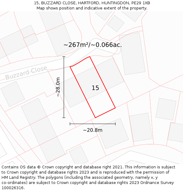 15, BUZZARD CLOSE, HARTFORD, HUNTINGDON, PE29 1XB: Plot and title map