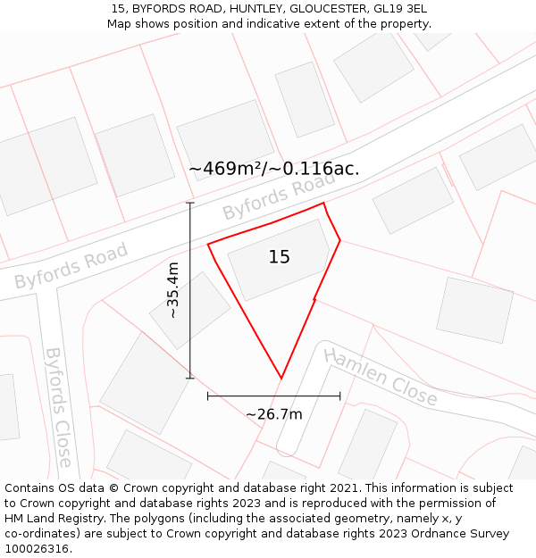 15, BYFORDS ROAD, HUNTLEY, GLOUCESTER, GL19 3EL: Plot and title map