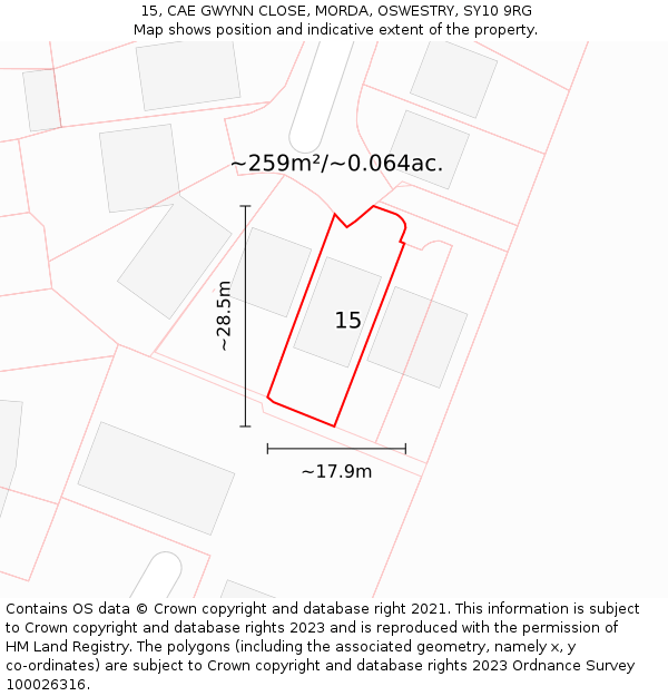 15, CAE GWYNN CLOSE, MORDA, OSWESTRY, SY10 9RG: Plot and title map