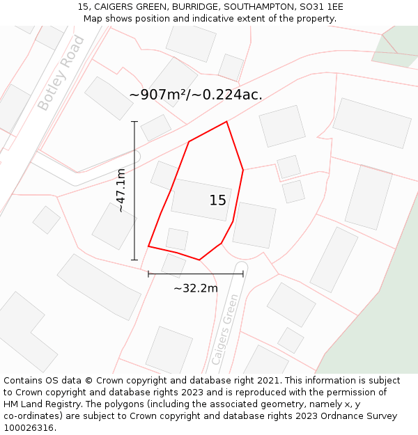 15, CAIGERS GREEN, BURRIDGE, SOUTHAMPTON, SO31 1EE: Plot and title map