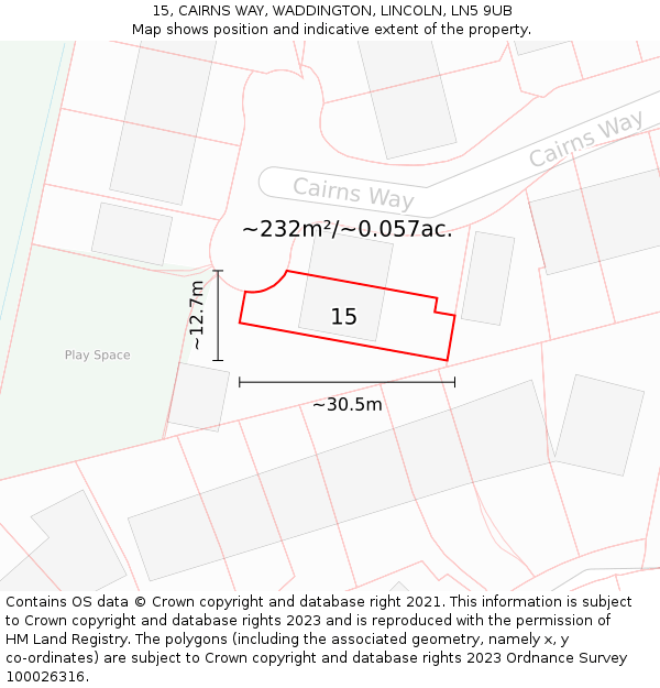 15, CAIRNS WAY, WADDINGTON, LINCOLN, LN5 9UB: Plot and title map